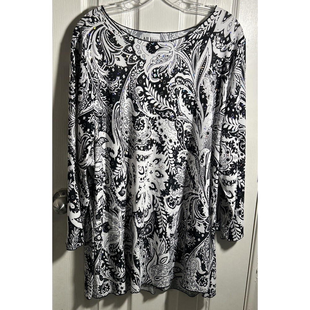 All‎ Hours Blouse 2XL Sparkly 3/4 Sleeves Black White Floral Lightweight